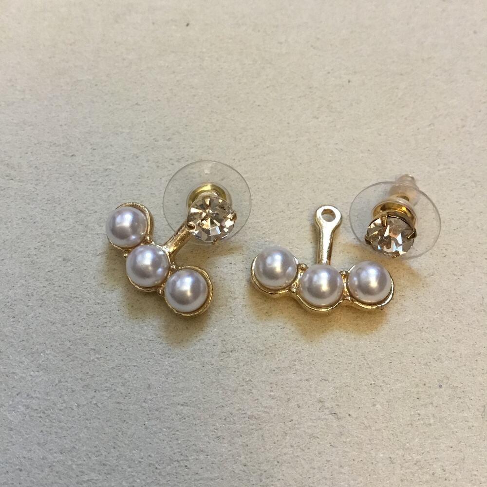 Front Back Gold Tripple Pearl Faux Diamond Stud Earrings - Picture 8 of 8